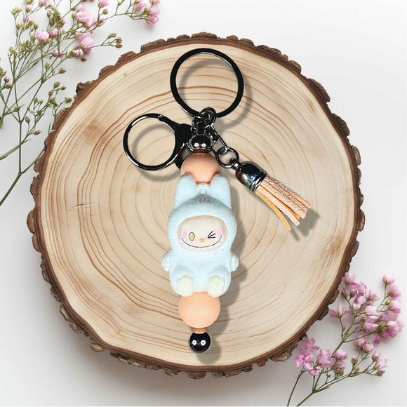 Handmade Accessories - Labubu Peach & White The Monsters Flocked Keychain